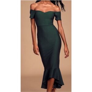 NEW Lulus How Much I Care Off-the-Shoulder Midi Dress Dark Green Size Medium NWT